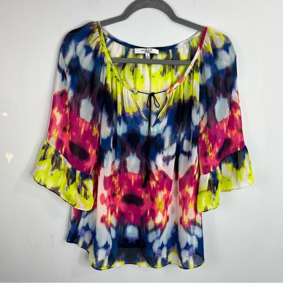 Milly for Design Nation Size Medium Multi Color Chiffon Ruffle Sleeve Blouse O15 - Picture 1 of 5